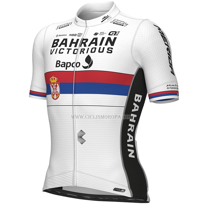 2023 Ropa Ciclismo Serbian Campeon Bahrain Victorious Blanco Rojo Azul Mangas Cortas y Culotte Corto